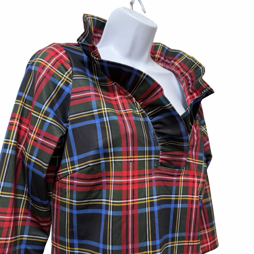Gretchen Scott Tartan Plaid Stand Up Ruffle Neck Blouse Size S Red Holiday - Picture 4 of 6